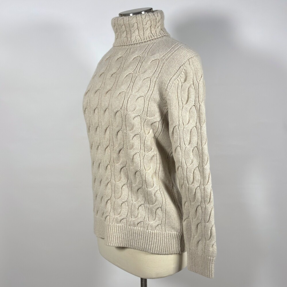 LL Bean Turtleneck Cable Knit Sweater Wool Blend Beige - Large - Picture 2 of 6